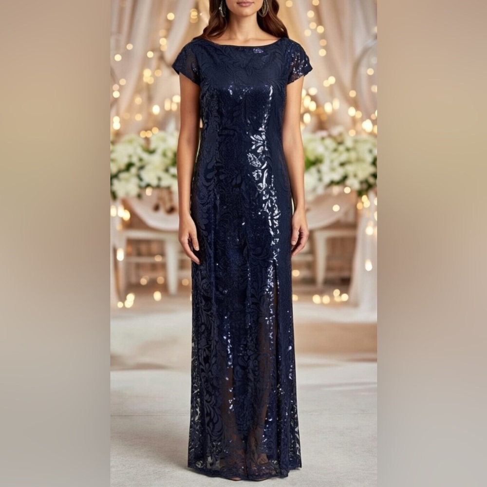 Brianna Formal Sequin Lace Navy Dress Gown Maxi Cap Sleeves Mother Bride Groom